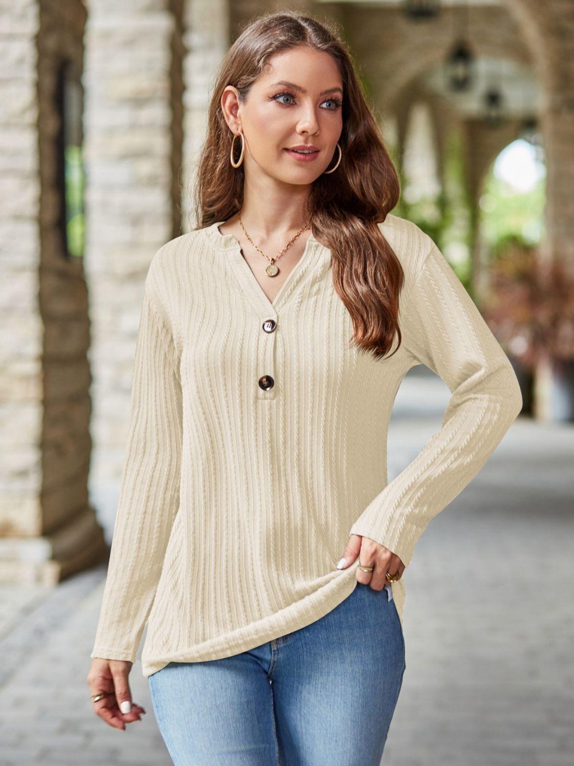 Mandy Notched Long Sleeve T-Shirt - Bona Fide Fashion