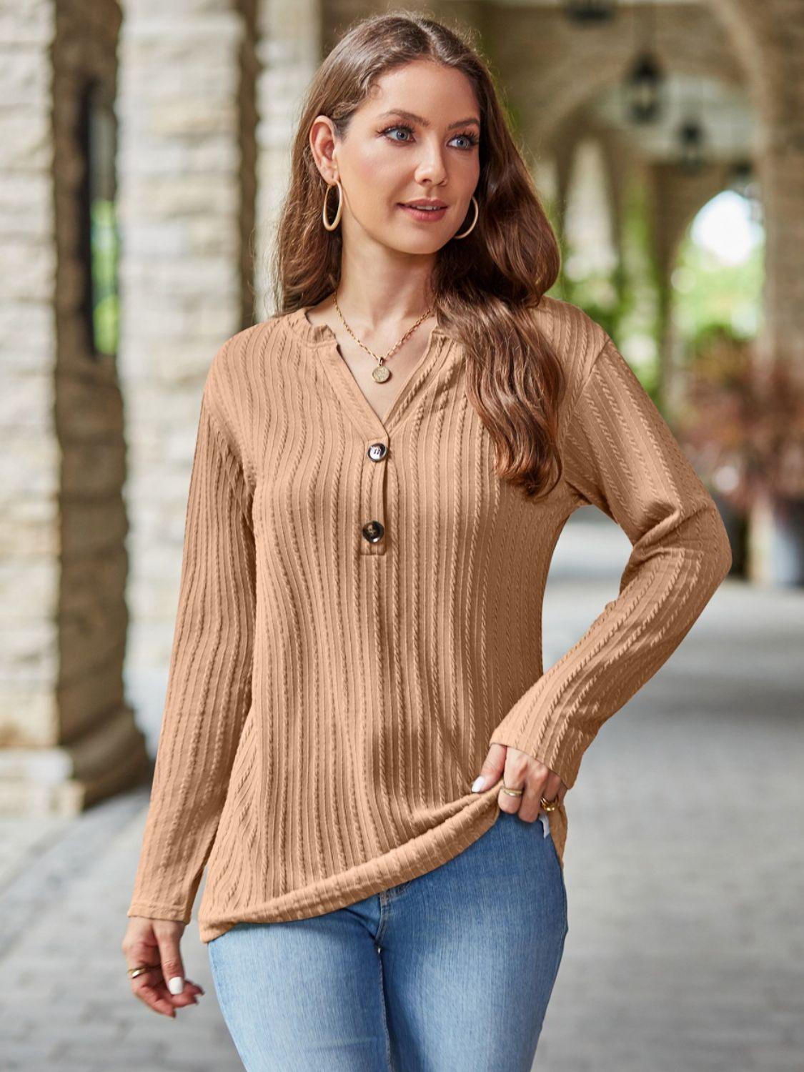 Mandy Notched Long Sleeve T-Shirt - Bona Fide Fashion