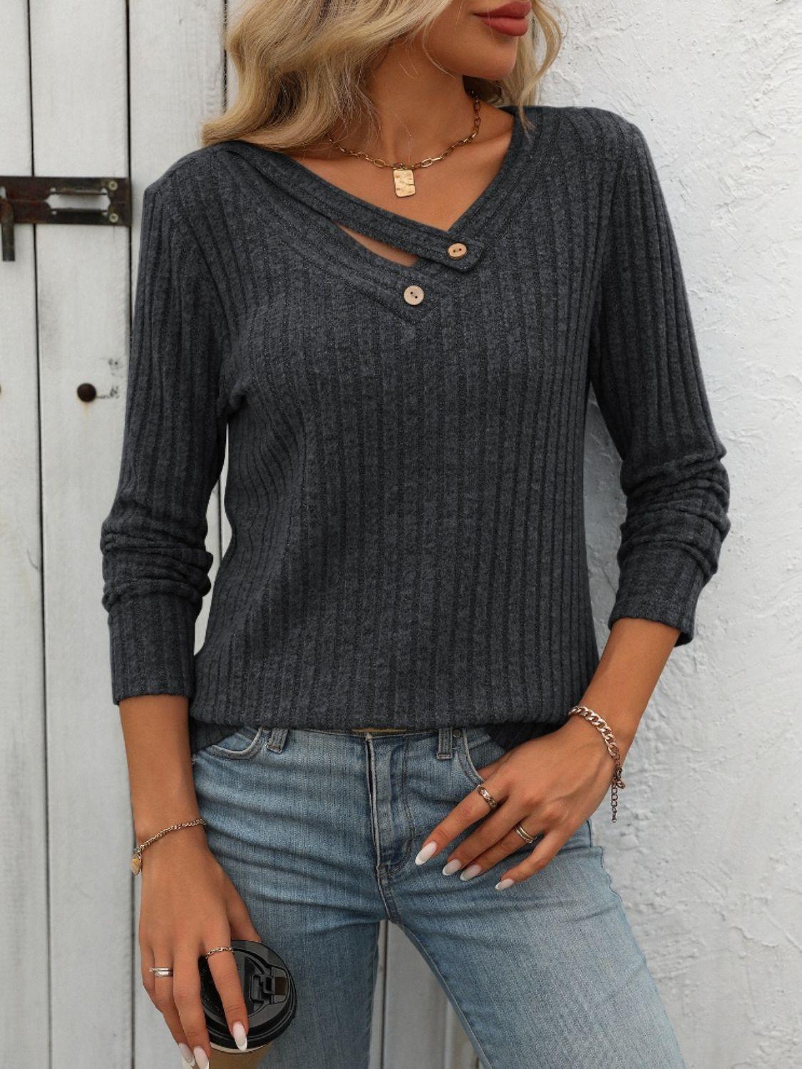 Mandy Ribbed V-Neck Long Sleeve T-Shirt - Bona Fide Fashion