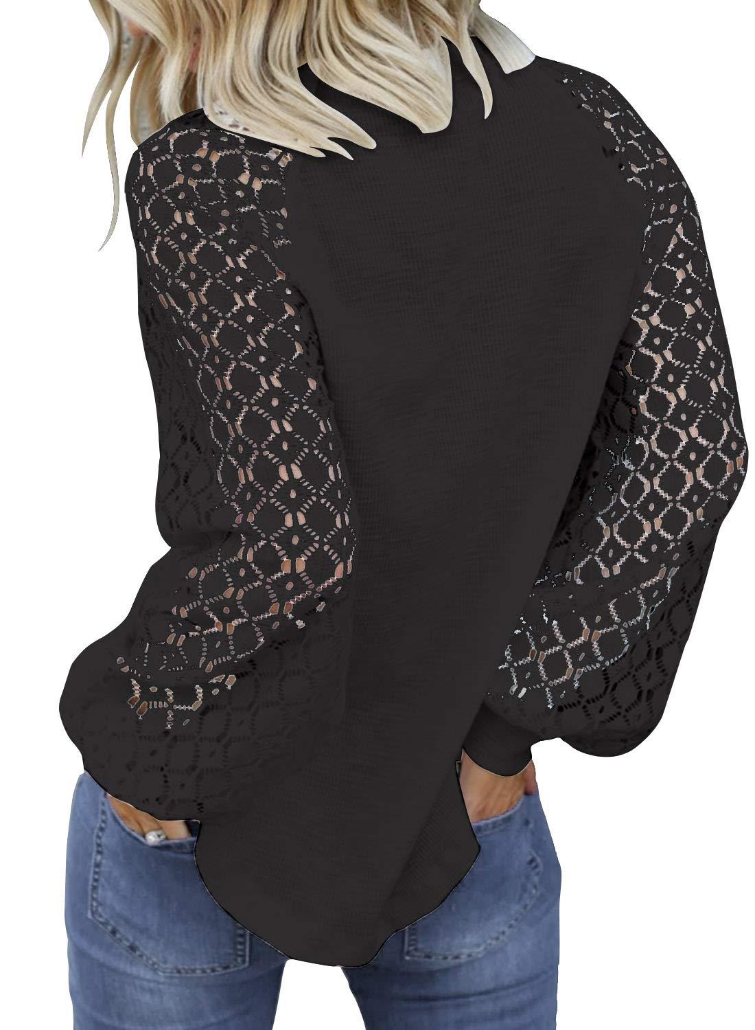 MIHOLL Women's Long Sleeve Tops Lace Casual Loose Blouses T Shirts (Black, Large) - Bona Fide Fashion