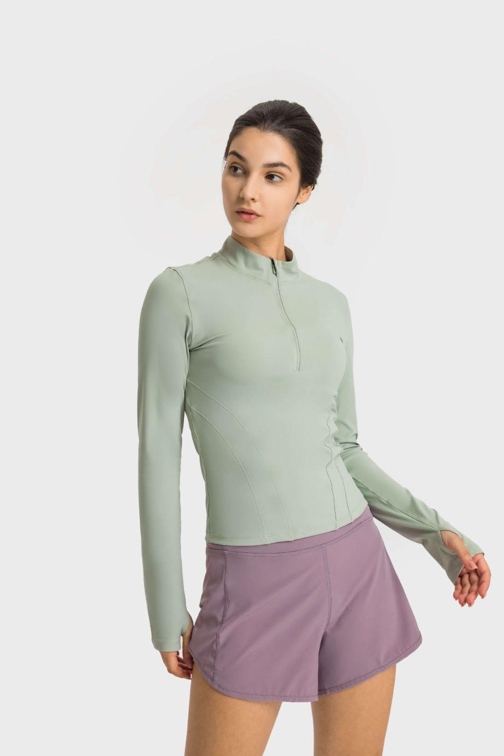 Millennia Half Zip Thumbhole Sleeve Sports Top - Bona Fide Fashion