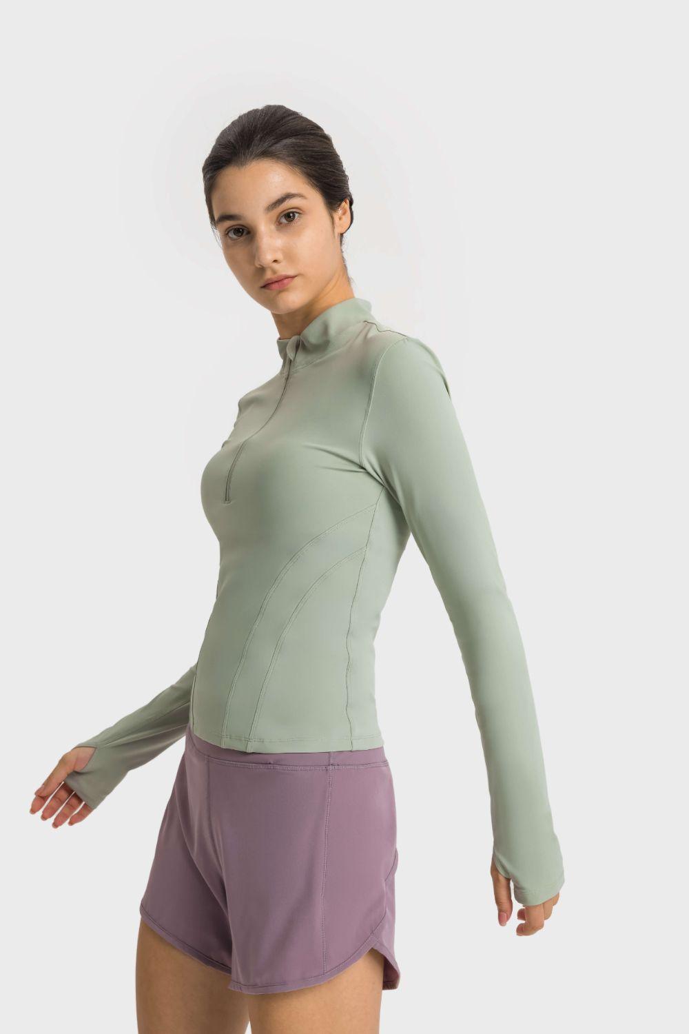 Millennia Half Zip Thumbhole Sleeve Sports Top - Bona Fide Fashion