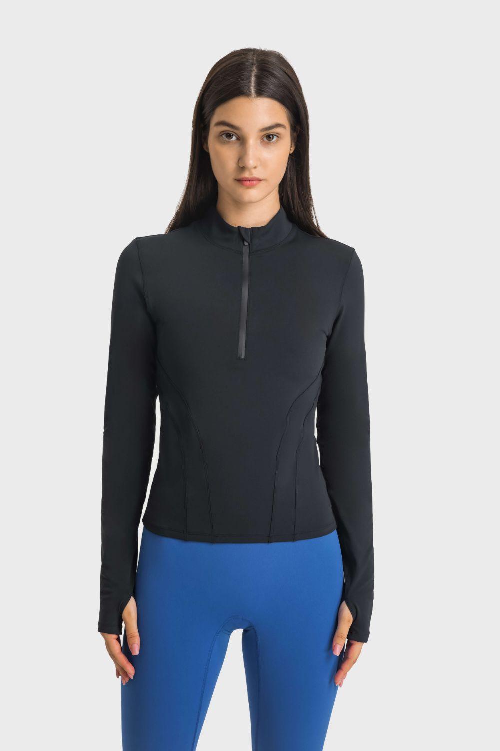 Millennia Half Zip Thumbhole Sleeve Sports Top - Bona Fide Fashion