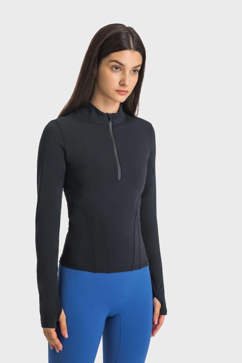 Millennia Half Zip Thumbhole Sleeve Sports Top - Bona Fide Fashion