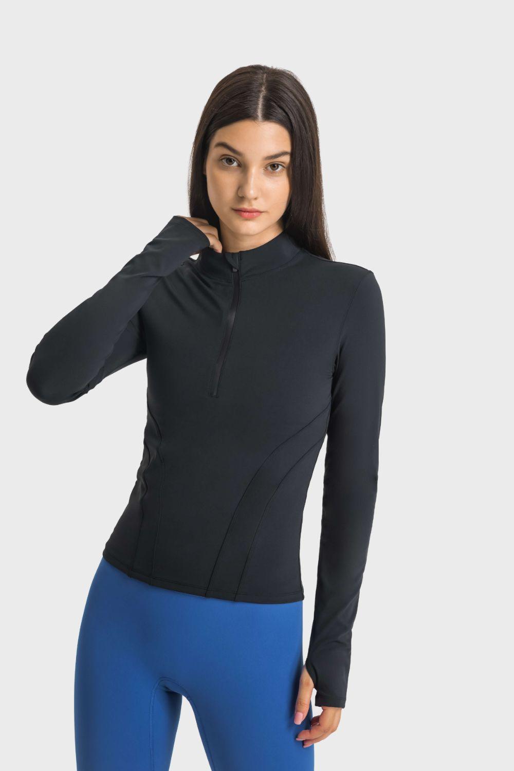 Millennia Half Zip Thumbhole Sleeve Sports Top - Bona Fide Fashion