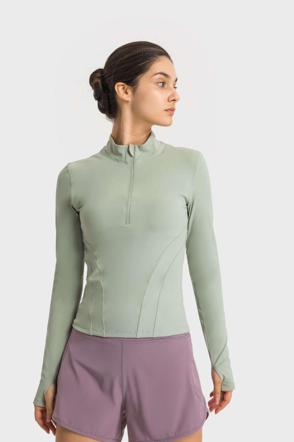 Millennia Half Zip Thumbhole Sleeve Sports Top - Bona Fide Fashion