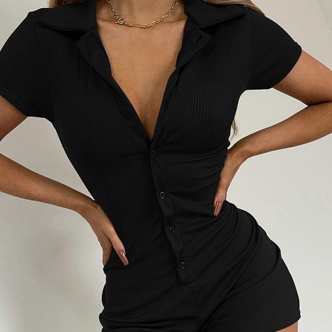MOCIBO Women Short Sleeve Bodycon Jumpsuit Sexy Buttons One Piece Rompers Y2K V Neck Ribbed Knit Bodysuit Solid Color Overalls Playsuit Black M - Bona Fide Fashion