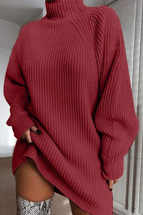 Mock Neck Dropped Shoulder Sweater Dress - Bona Fide Fashion