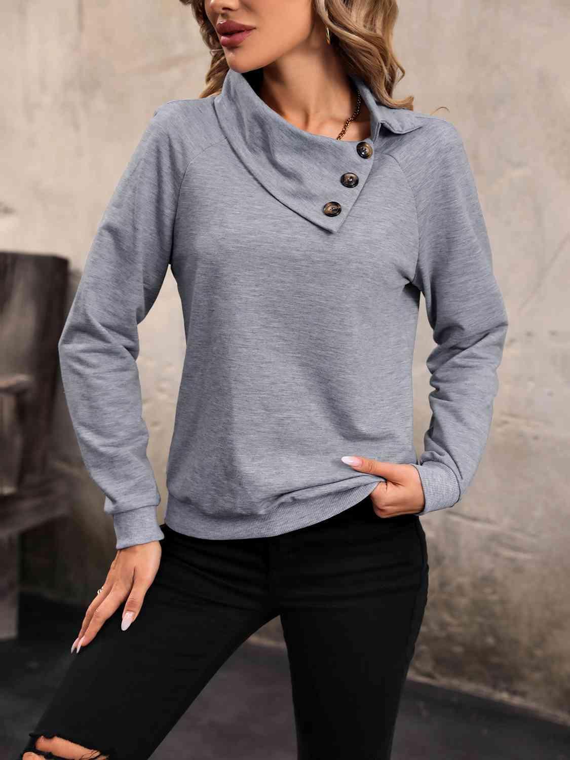 Mock Neck Raglan Sleeve Buttoned Sweatshirt - Bona Fide Fashion