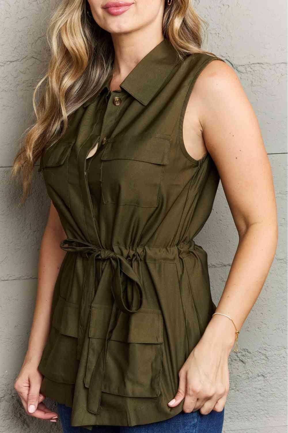 Ninexis Follow The Light Sleeveless Collared Button Down Top - Bona Fide Fashion