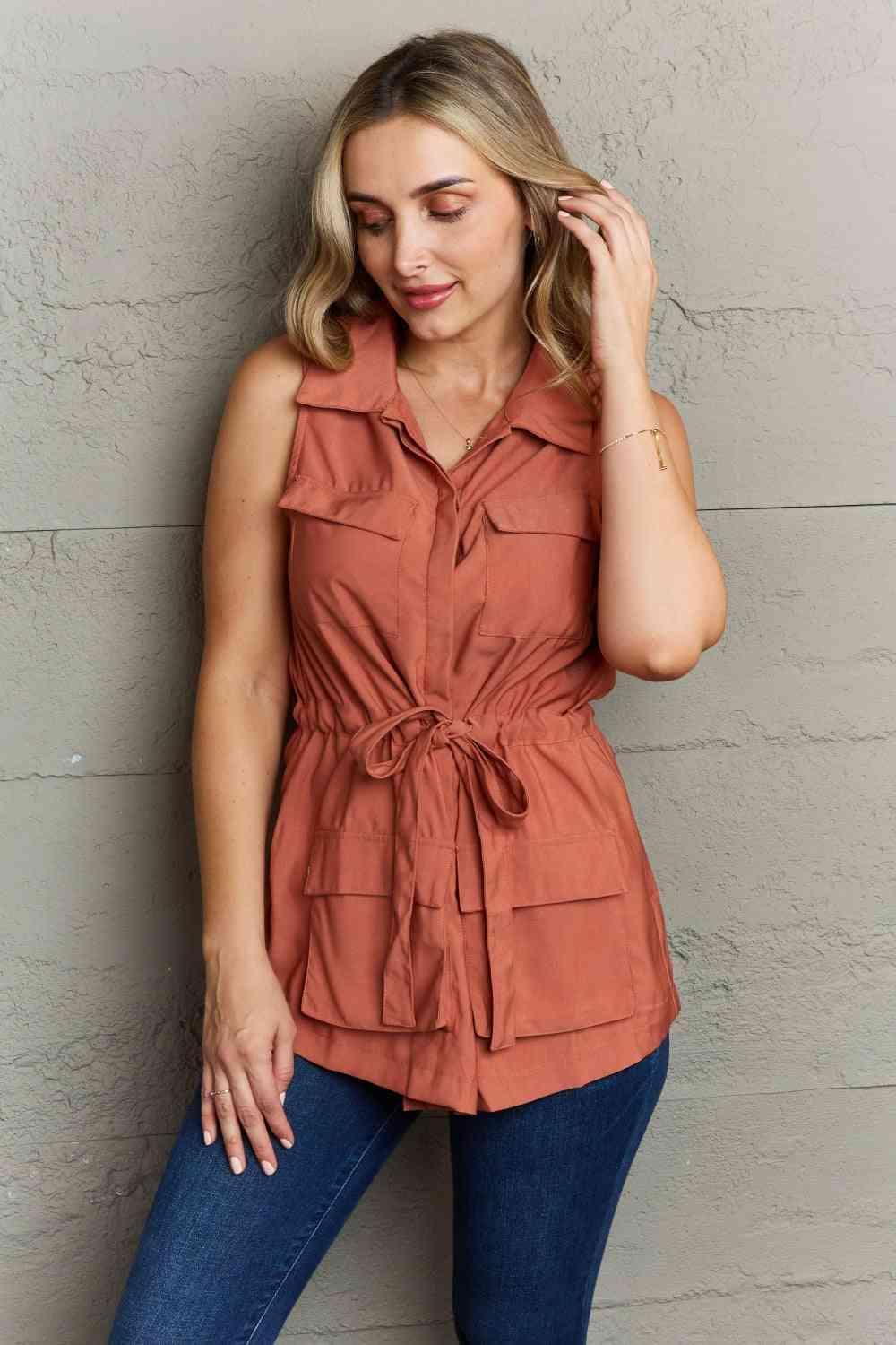 Ninexis Follow The Light Sleeveless Collared Button Down Top - Bona Fide Fashion