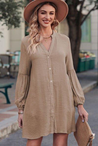 Notched Button Up Balloon Sleeve Longline Top - Bona Fide Fashion