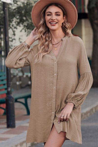 Notched Button Up Balloon Sleeve Longline Top - Bona Fide Fashion