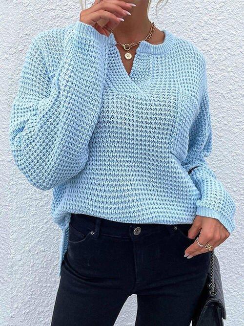 Notched Long Sleeve Sweater - Bona Fide Fashion
