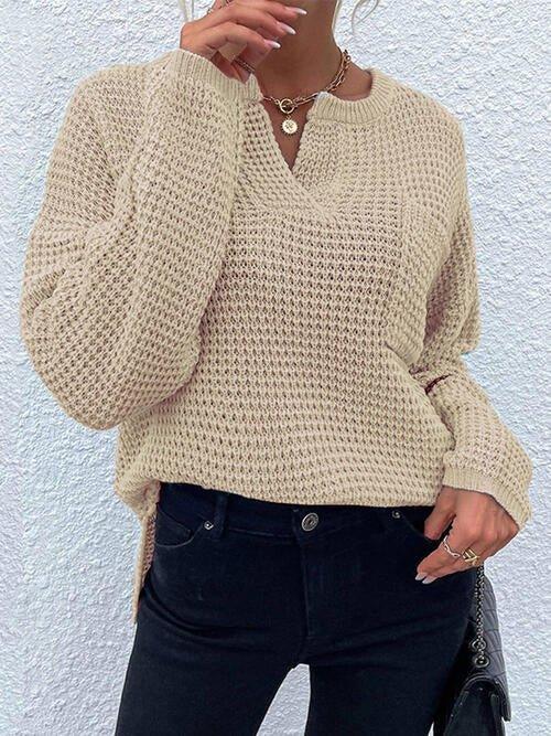Notched Long Sleeve Sweater - Bona Fide Fashion