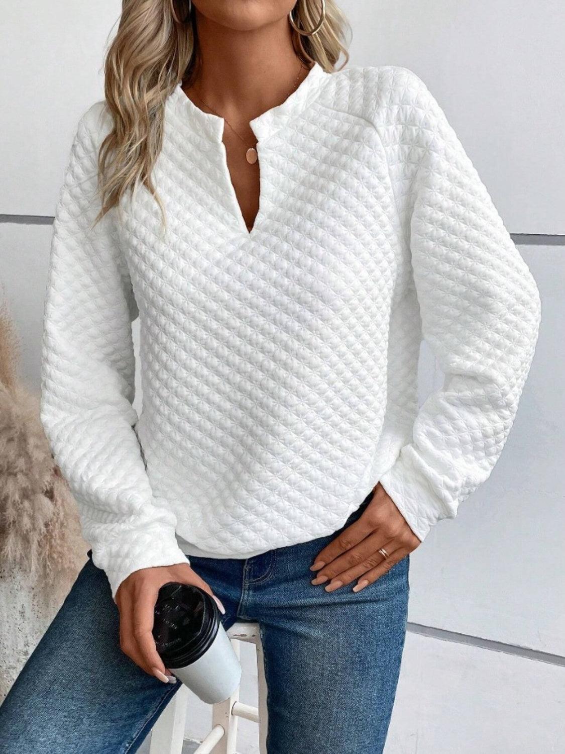 Notched Long Sleeve Sweatshirt - Bona Fide Fashion