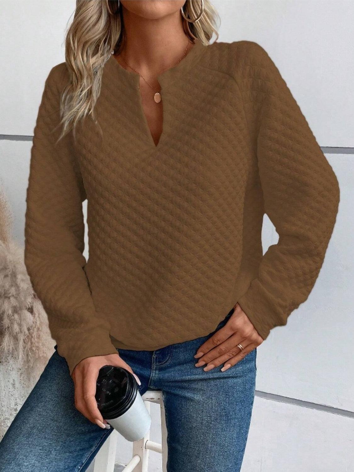 Notched Long Sleeve Sweatshirt - Bona Fide Fashion