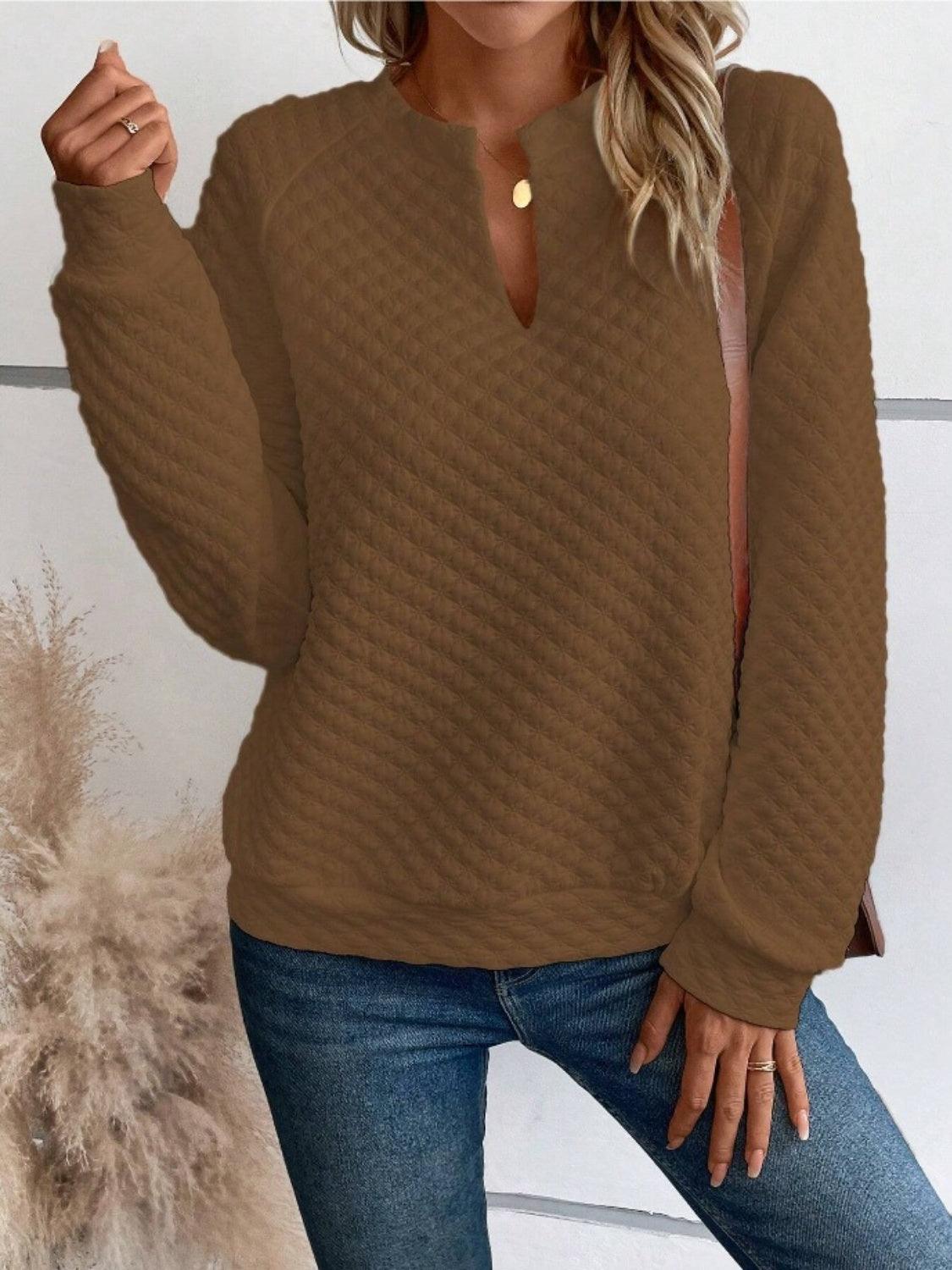 Notched Long Sleeve Sweatshirt - Bona Fide Fashion