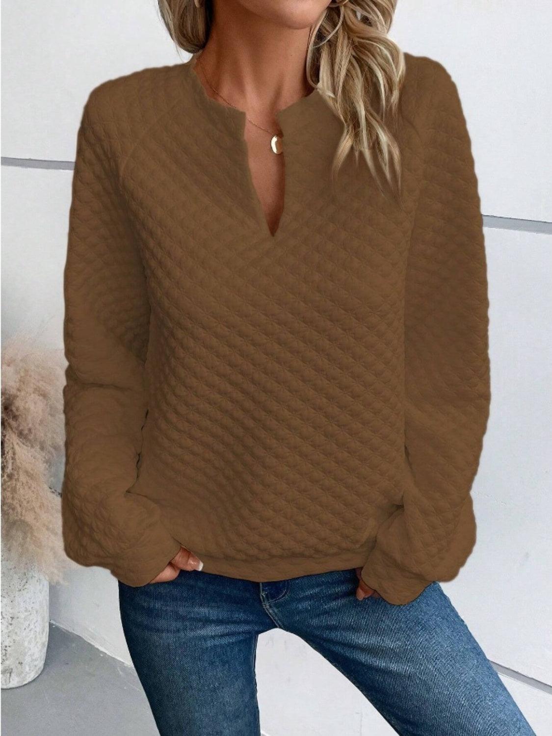 Notched Long Sleeve Sweatshirt - Bona Fide Fashion