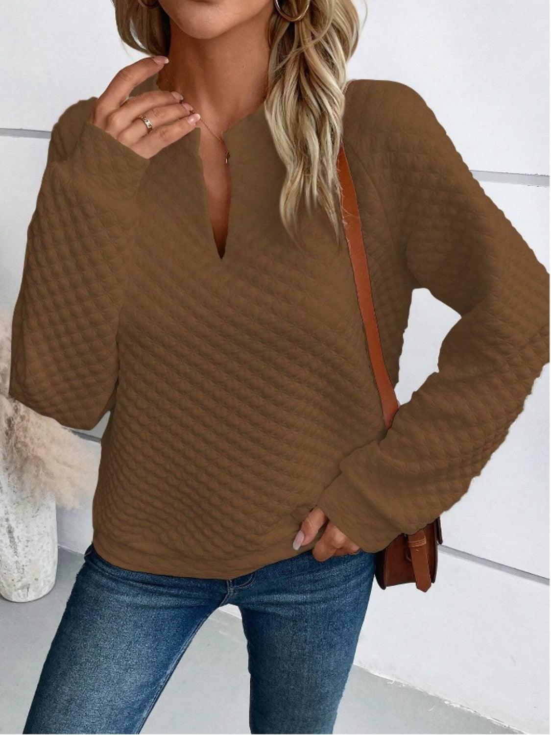 Notched Long Sleeve Sweatshirt - Bona Fide Fashion