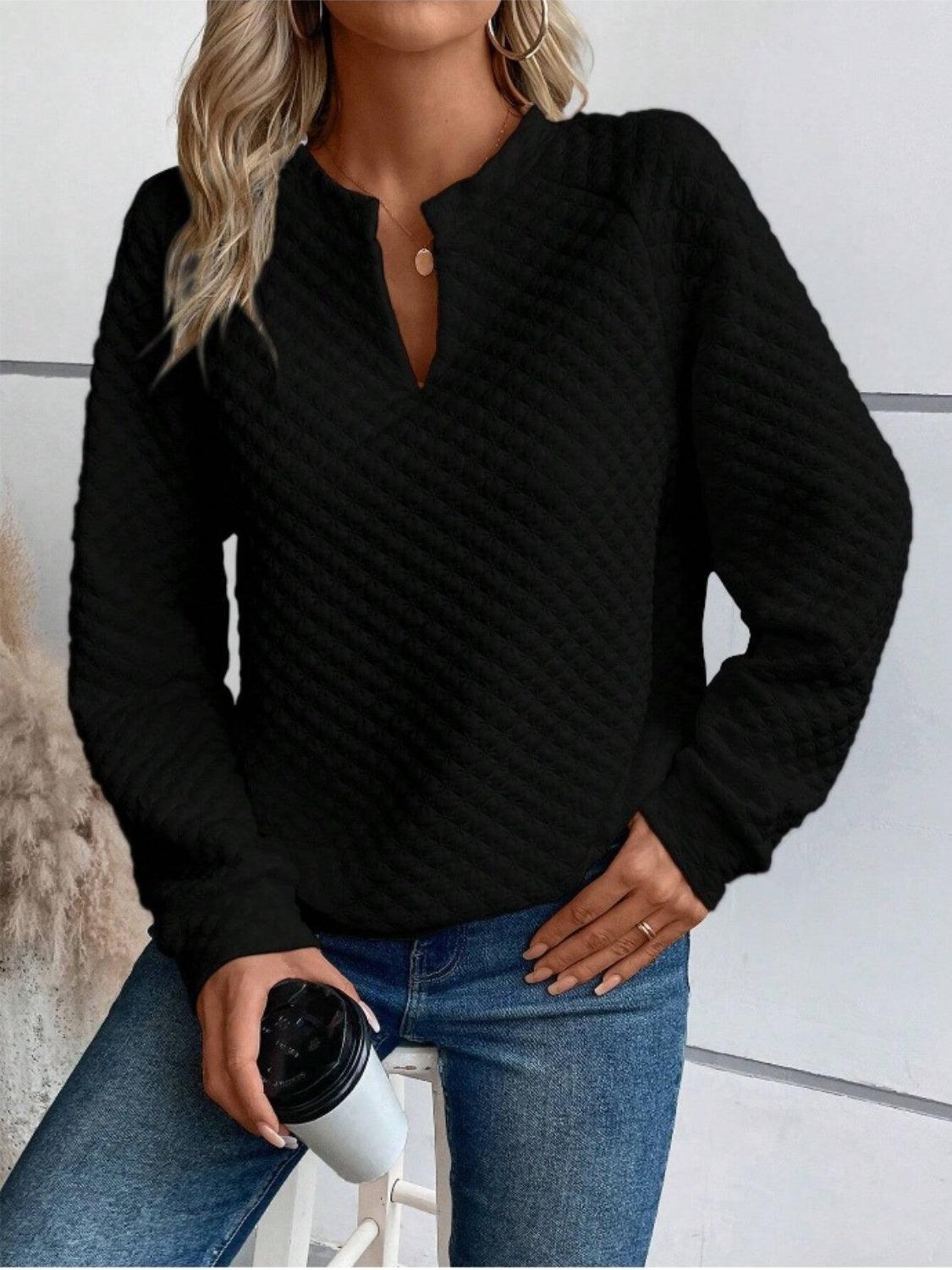 Notched Long Sleeve Sweatshirt - Bona Fide Fashion