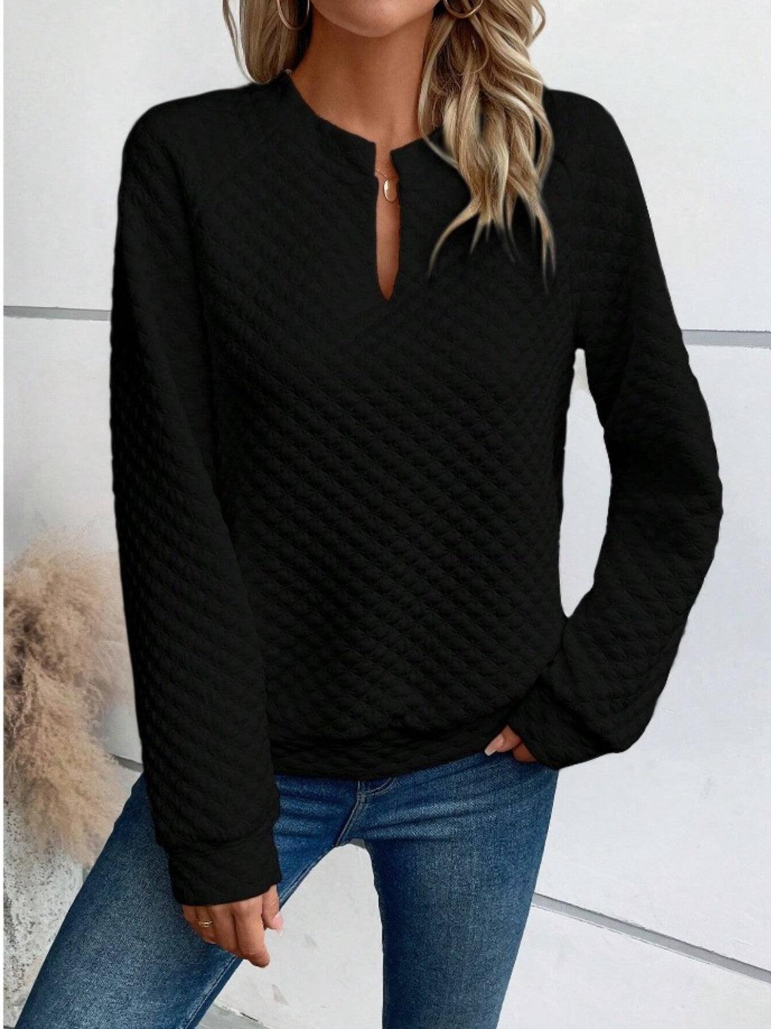 Notched Long Sleeve Sweatshirt - Bona Fide Fashion