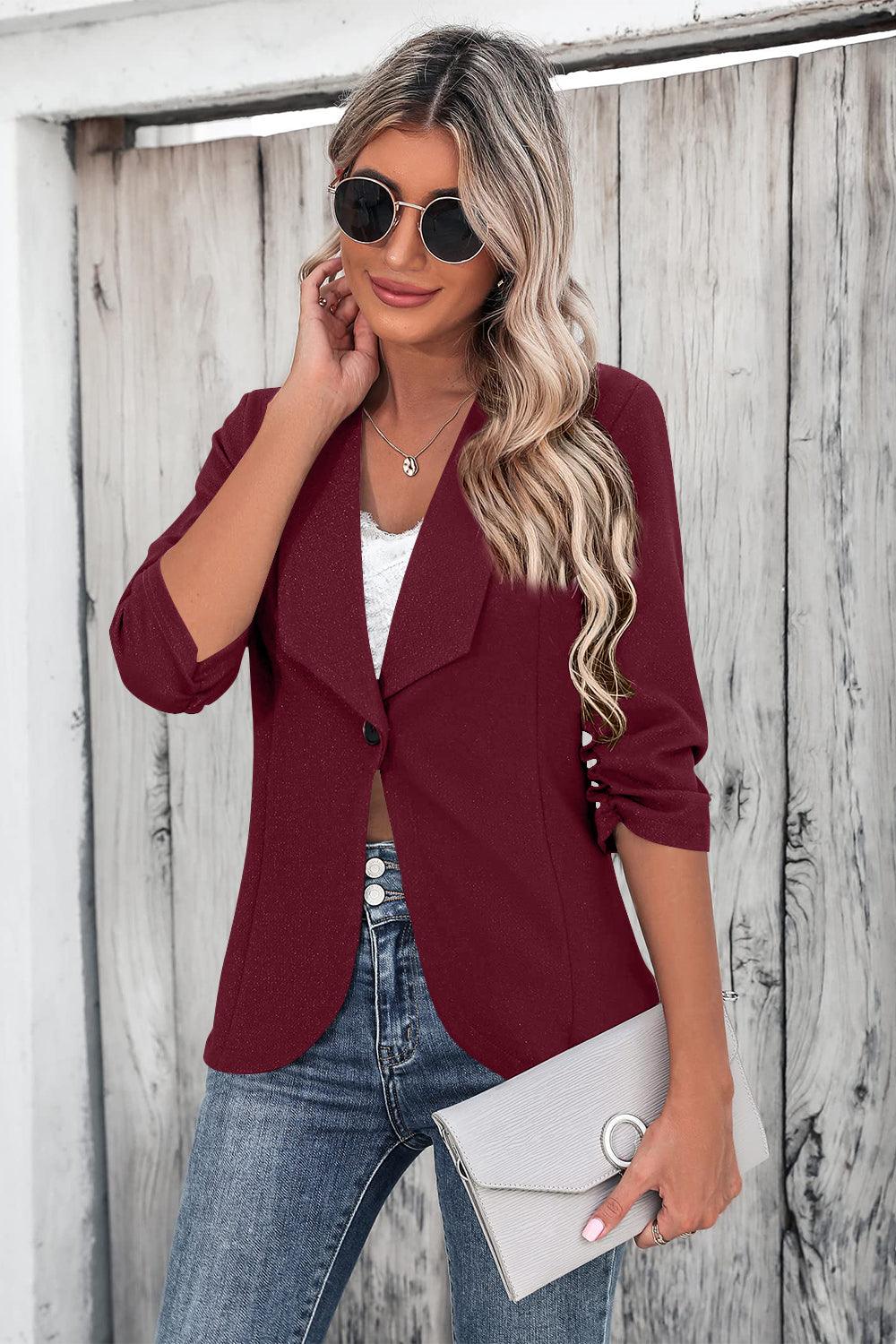 One Button Collared Neck Ruched Sleeve Blazer - Bona Fide Fashion