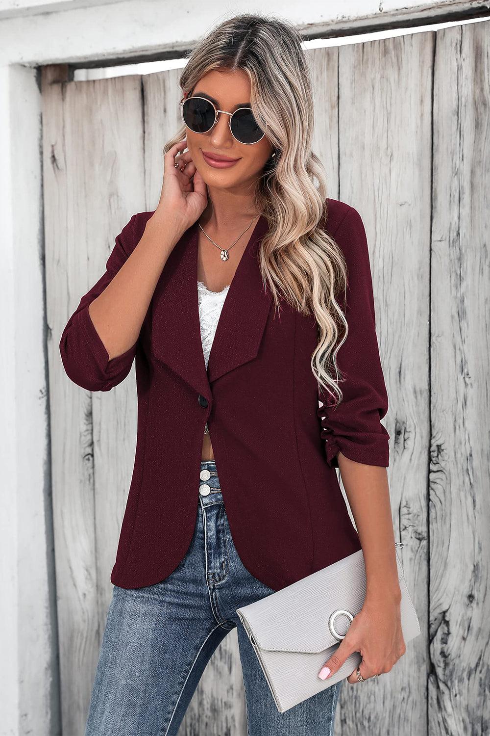 One Button Collared Neck Ruched Sleeve Blazer - Bona Fide Fashion