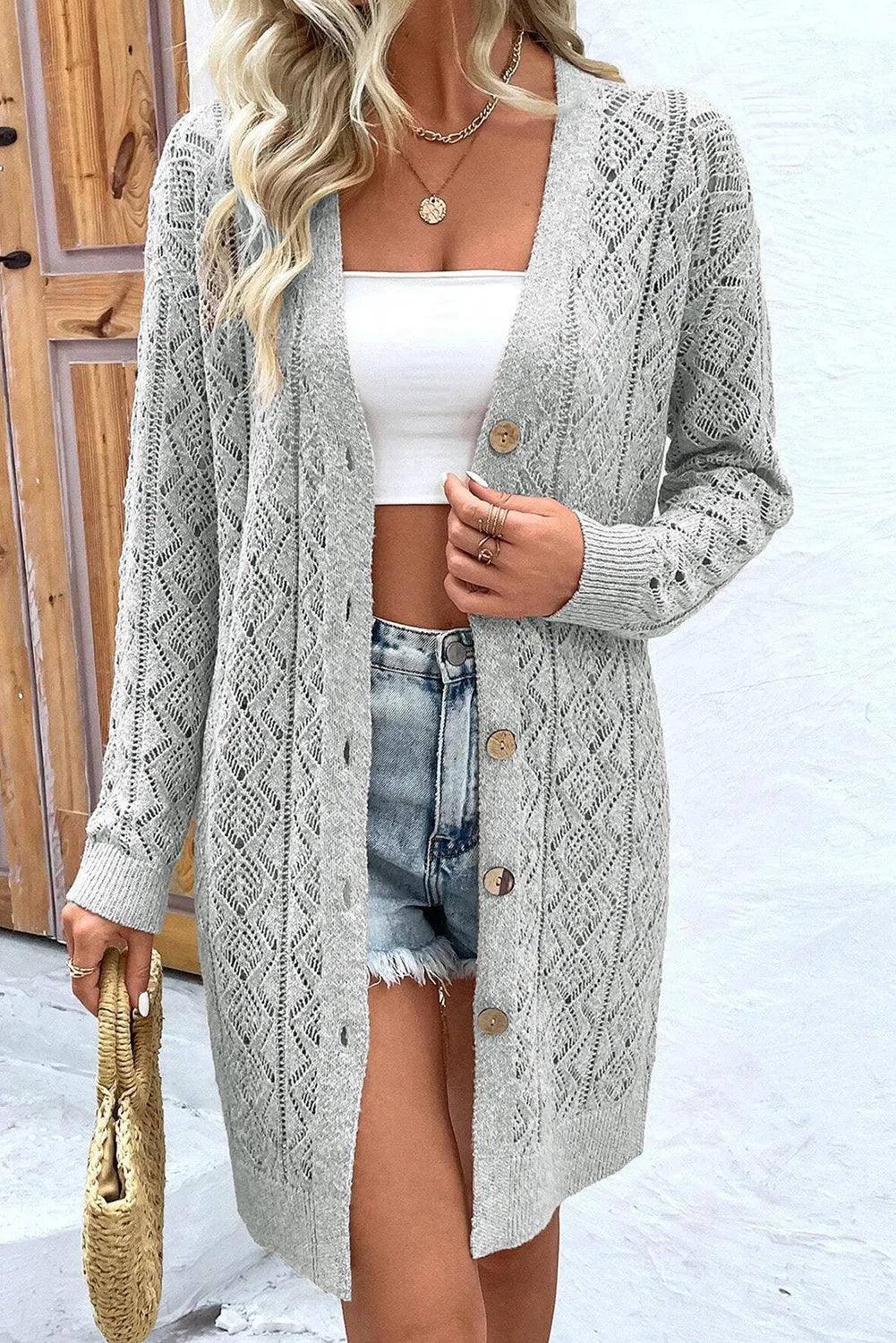 Openwork Button Down Long Sleeve Cardigan - Bona Fide Fashion