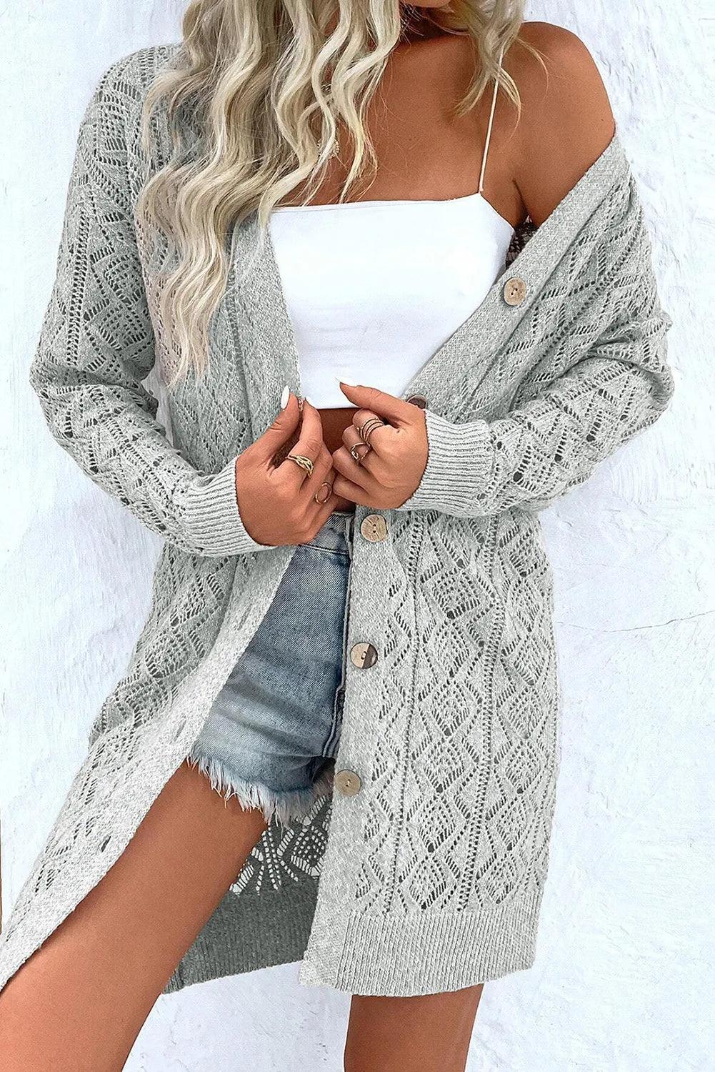 Openwork Button Down Long Sleeve Cardigan - Bona Fide Fashion