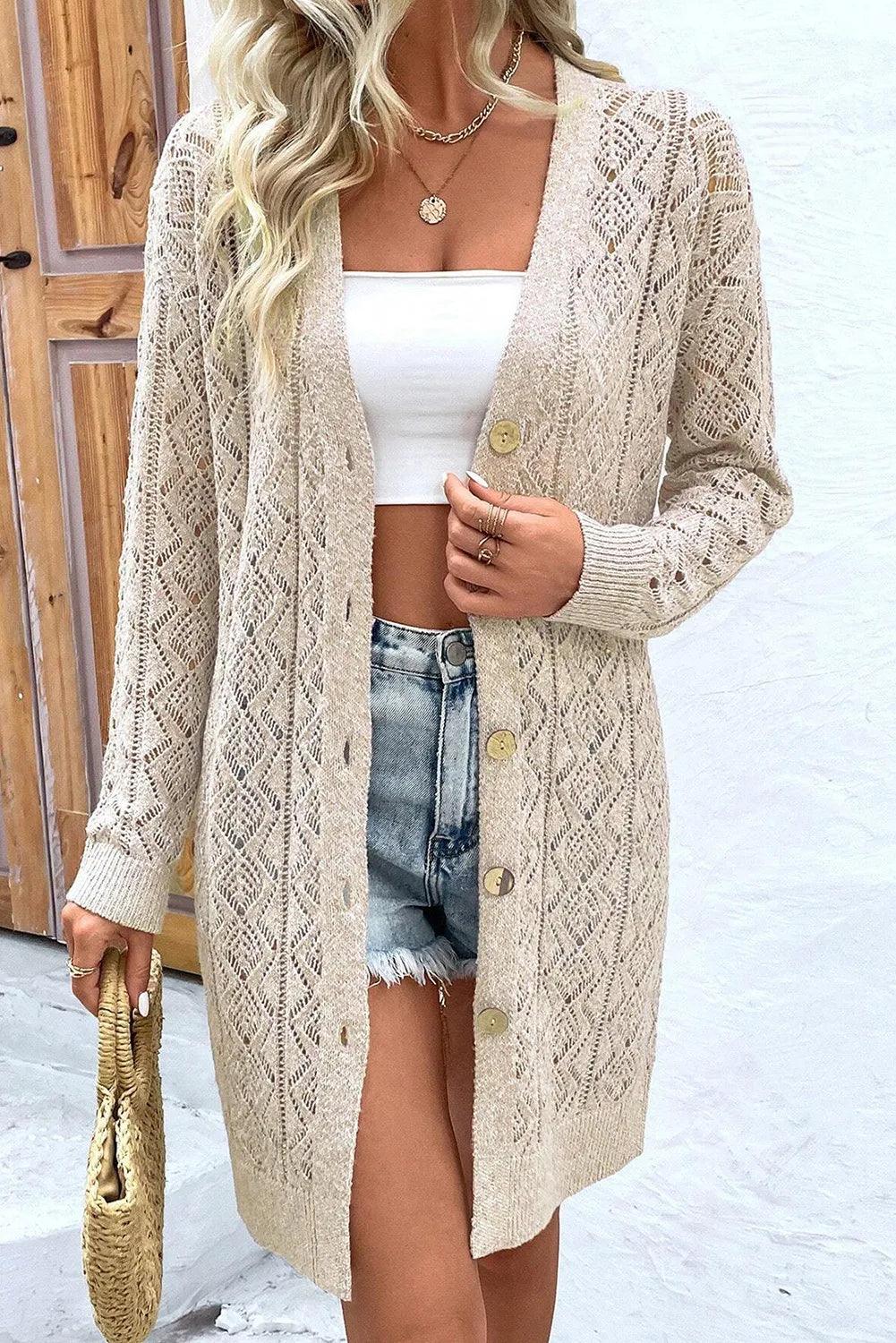 Openwork Button Down Long Sleeve Cardigan - Bona Fide Fashion