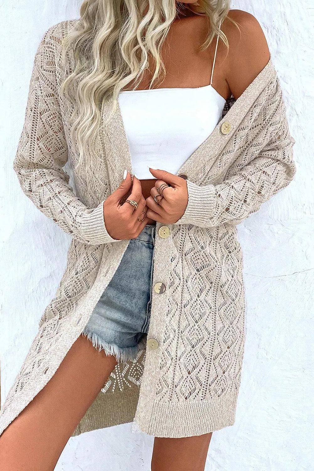 Openwork Button Down Long Sleeve Cardigan - Bona Fide Fashion