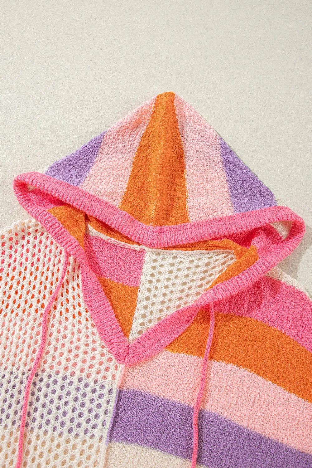 Openwork Color Block Hooded Sweater - Bona Fide Fashion