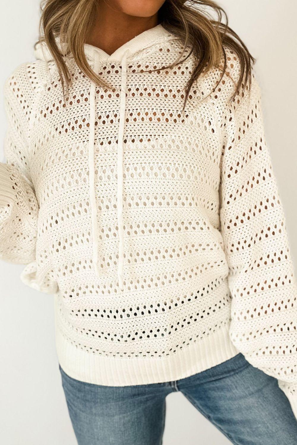 Openwork Drawstring Long Sleeve Hooded Knit Cover Up - Bona Fide Fashion