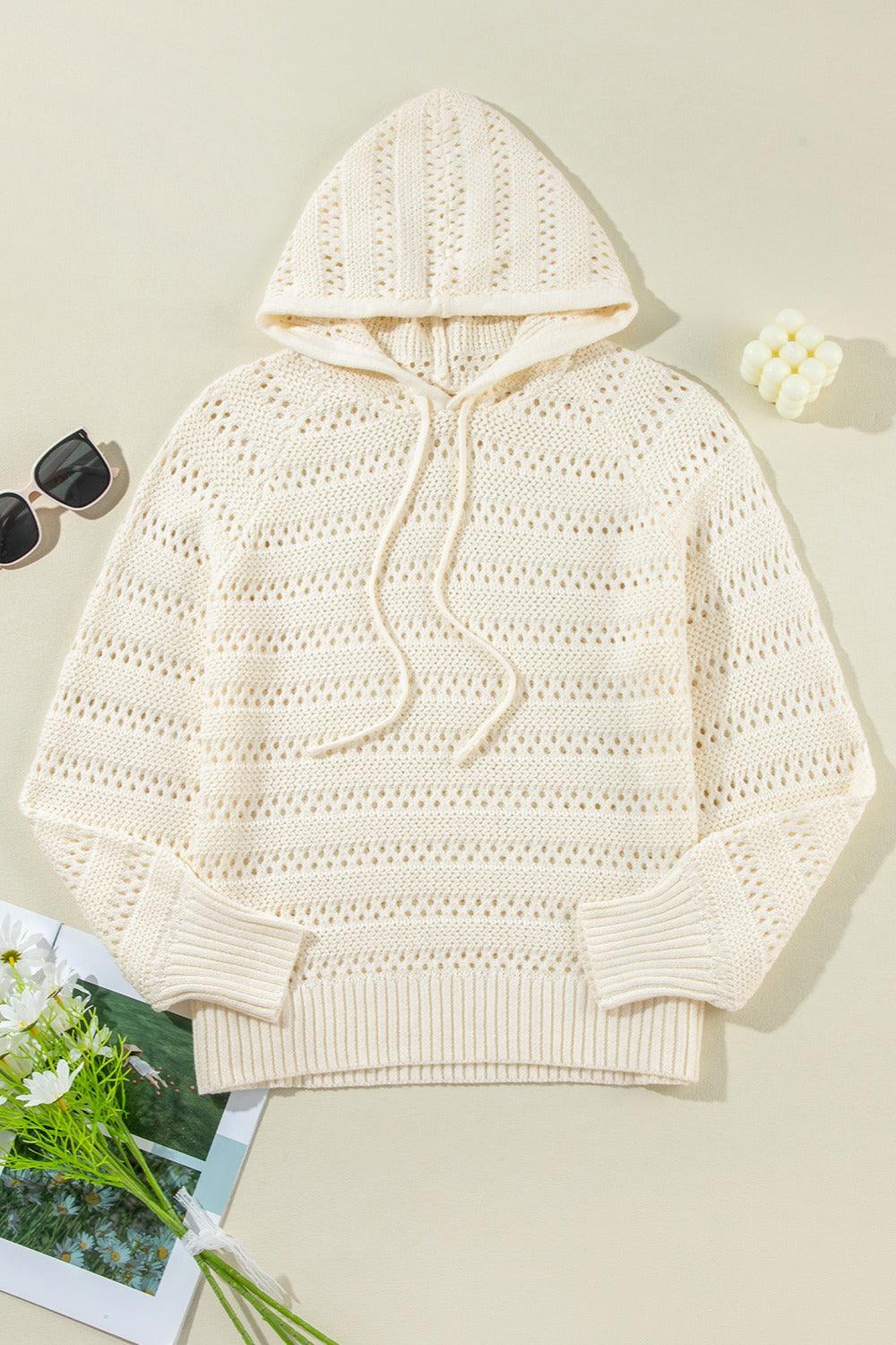 Openwork Drawstring Long Sleeve Hooded Knit Cover Up - Bona Fide Fashion