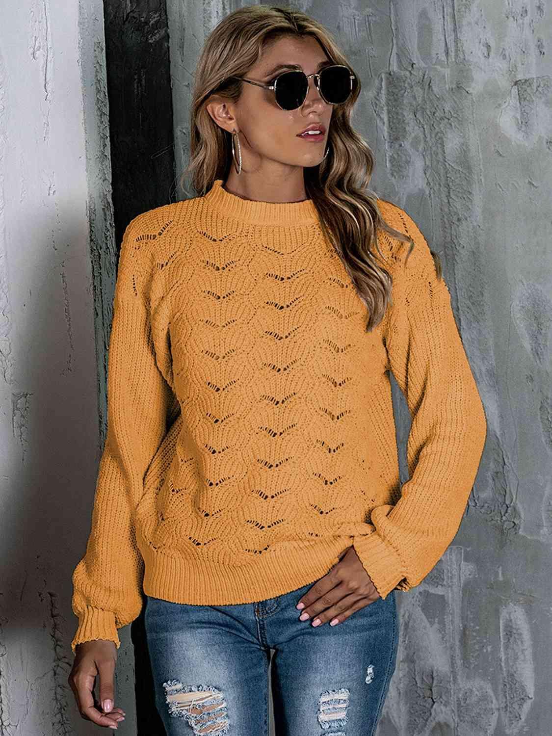 Openwork Mock Neck Long Sleeve Sweater - Bona Fide Fashion