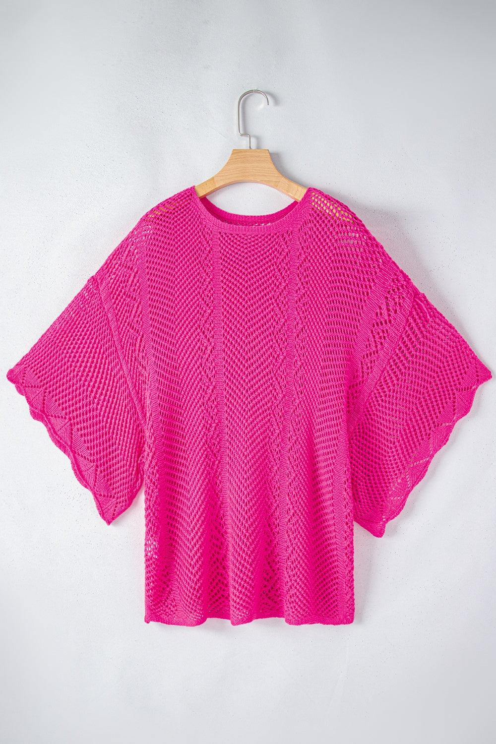 Openwork Round Neck Half Sleeve Knit Top - Bona Fide Fashion