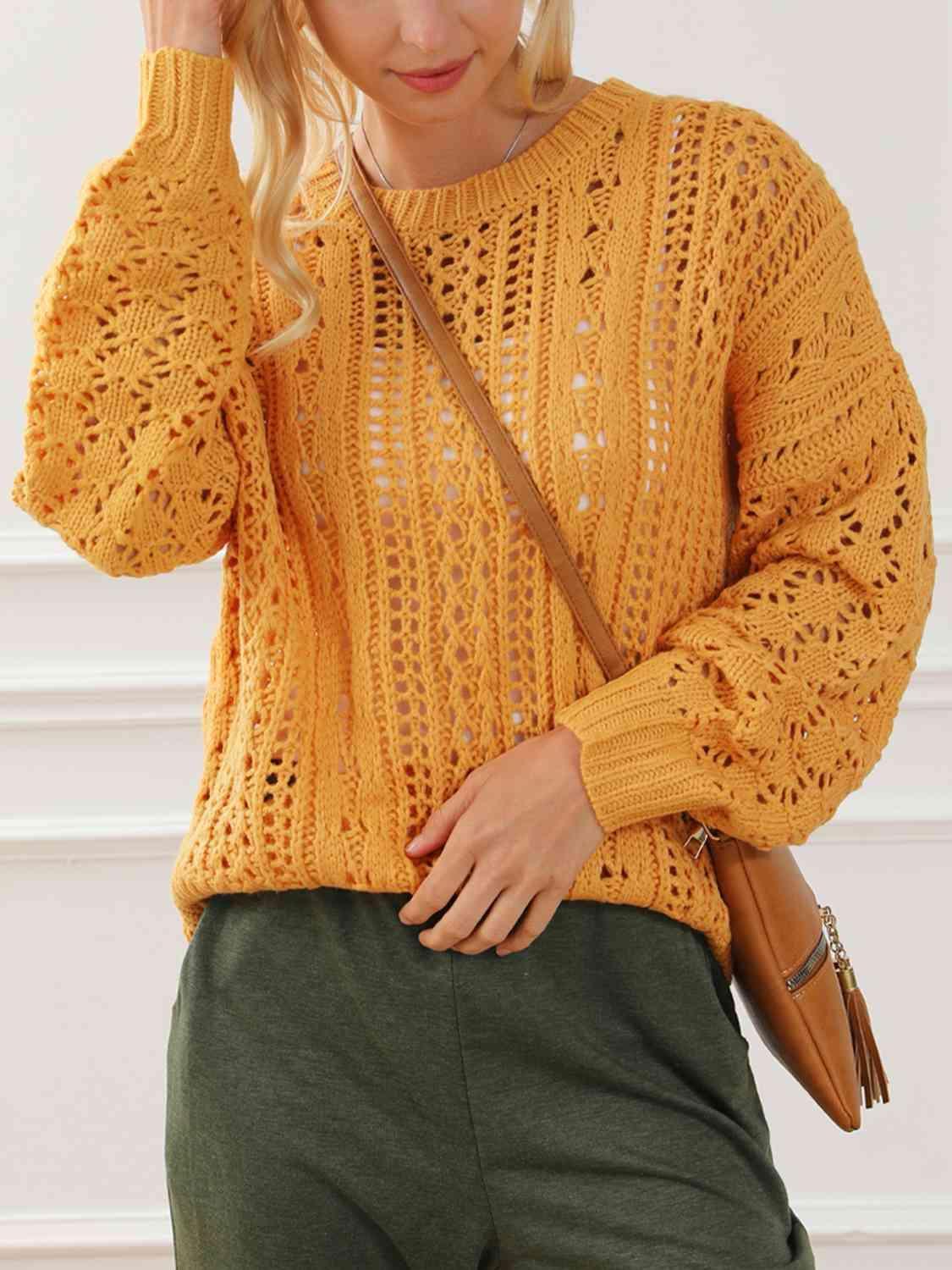 Openwork Round Neck Long Sleeve Sweater - Bona Fide Fashion