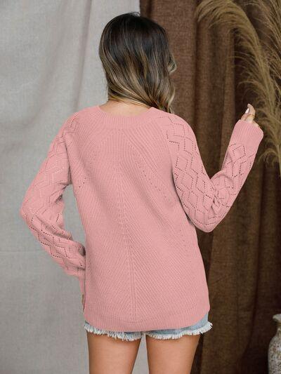 Openwork Round Neck Raglan Sleeve Sweater - Bona Fide Fashion