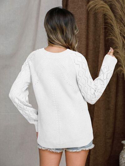 Openwork Round Neck Raglan Sleeve Sweater - Bona Fide Fashion