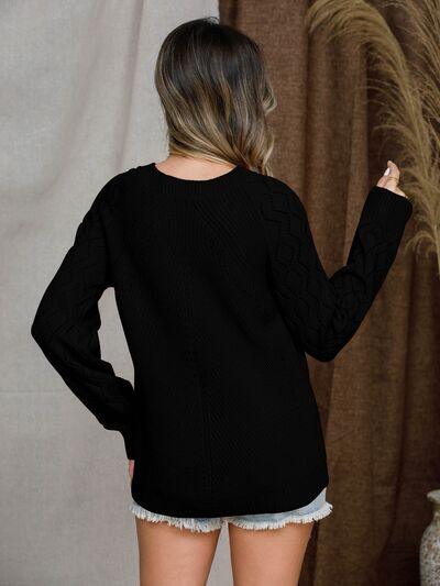 Openwork Round Neck Raglan Sleeve Sweater - Bona Fide Fashion