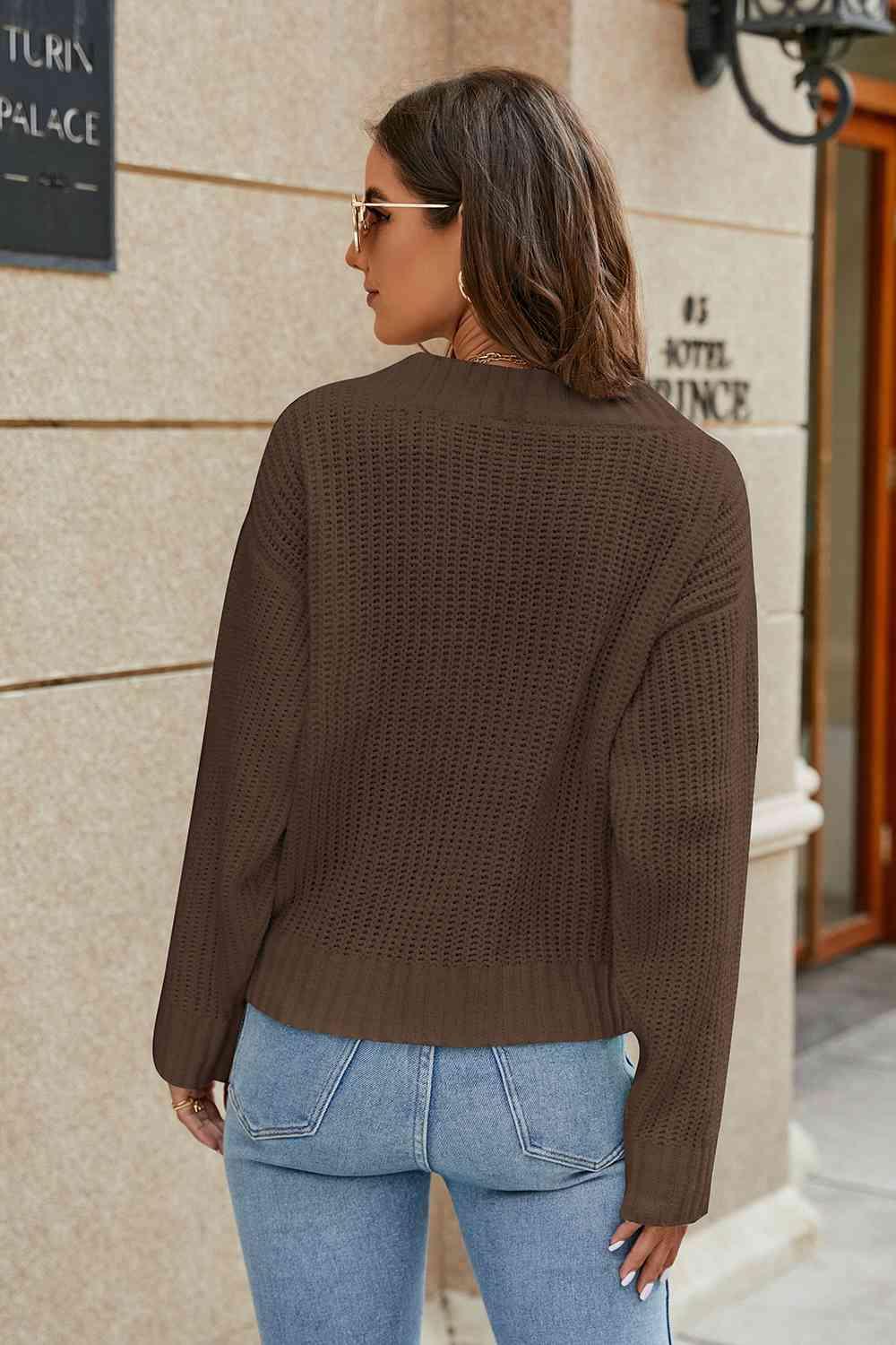 Openwork Surplice Long Sleeve Sweater - Bona Fide Fashion