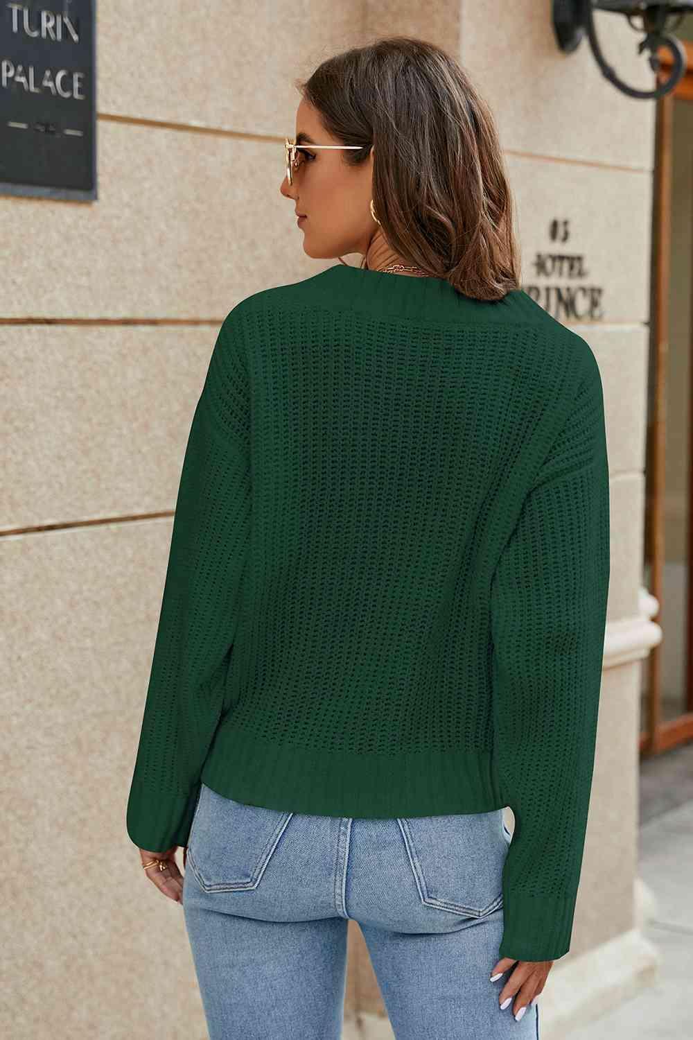 Openwork Surplice Long Sleeve Sweater - Bona Fide Fashion