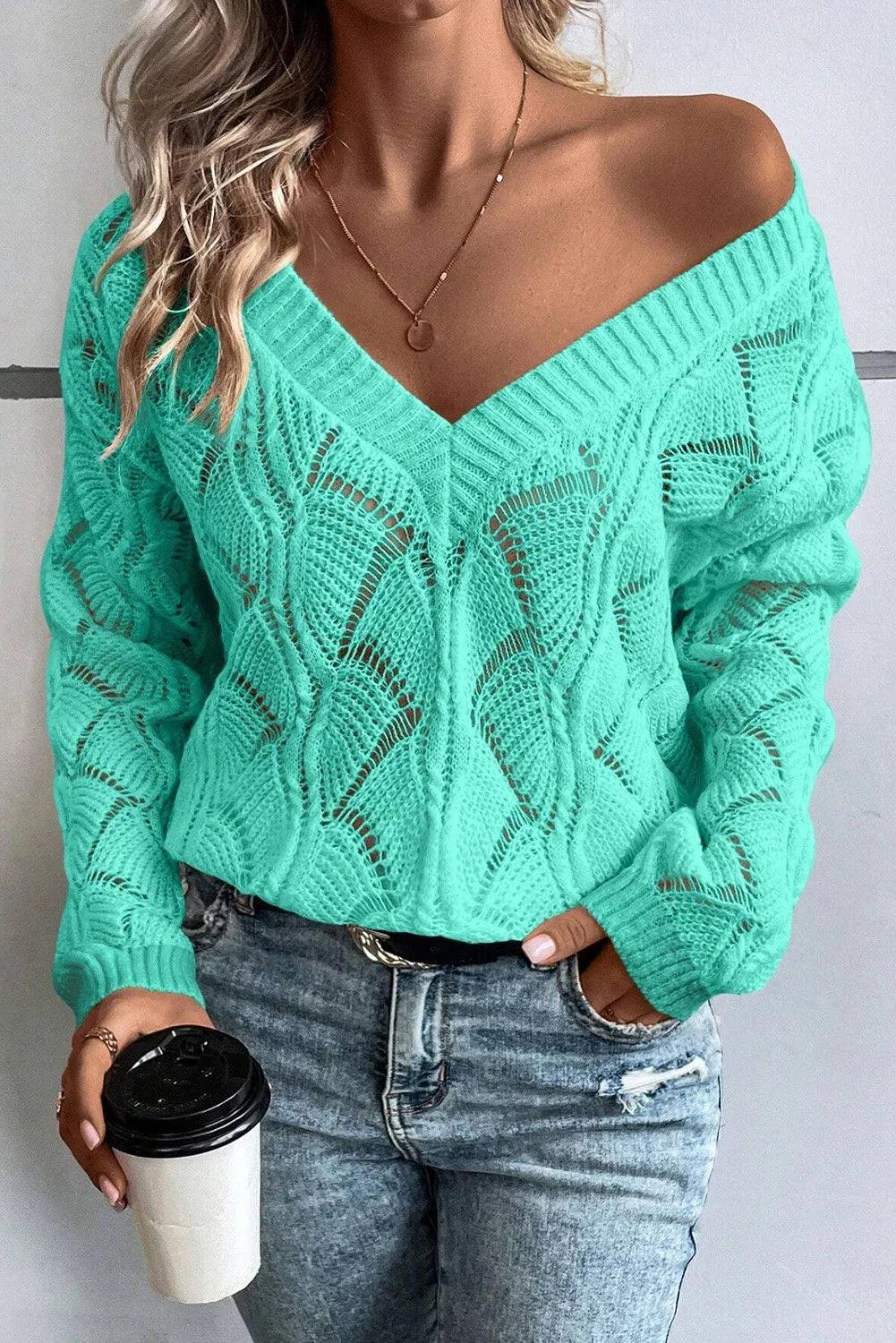 Openwork V-Neck Long Sleeve Sweater - Bona Fide Fashion