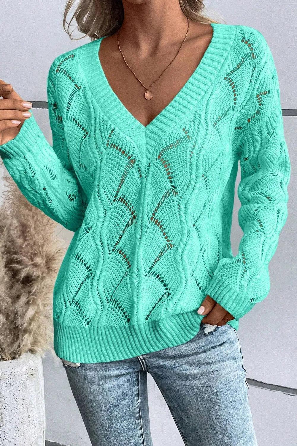 Openwork V-Neck Long Sleeve Sweater - Bona Fide Fashion