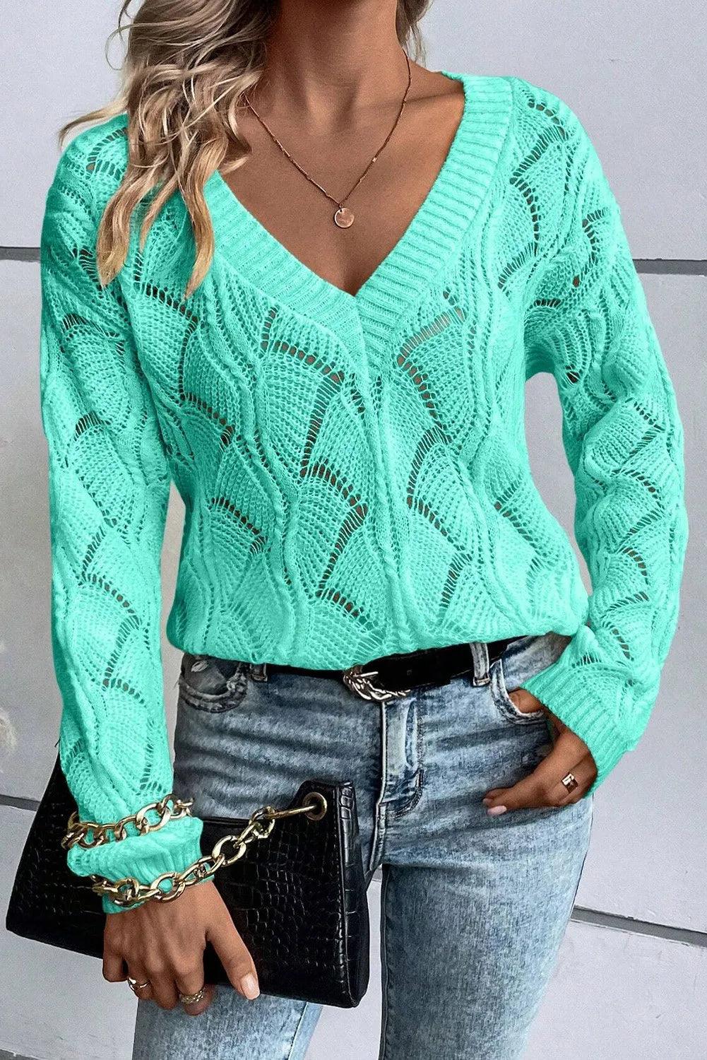 Openwork V-Neck Long Sleeve Sweater - Bona Fide Fashion