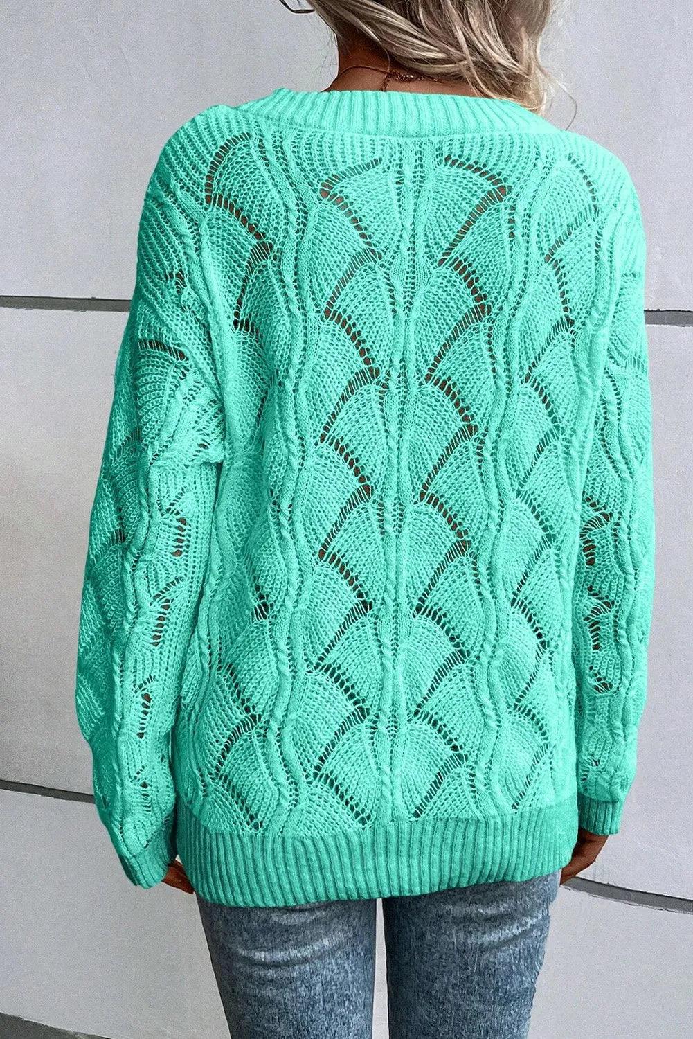 Openwork V-Neck Long Sleeve Sweater - Bona Fide Fashion