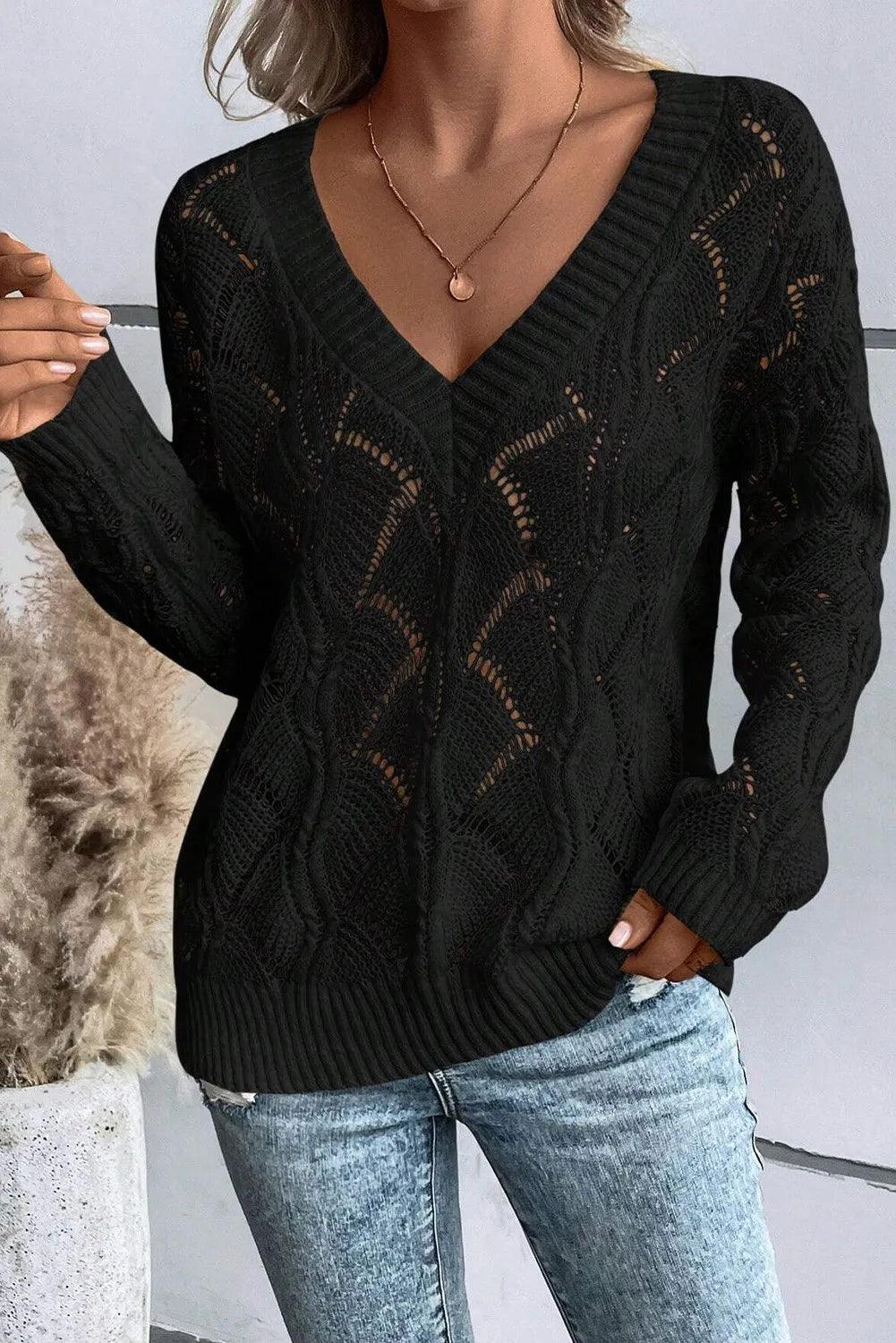 Openwork V-Neck Long Sleeve Sweater - Bona Fide Fashion