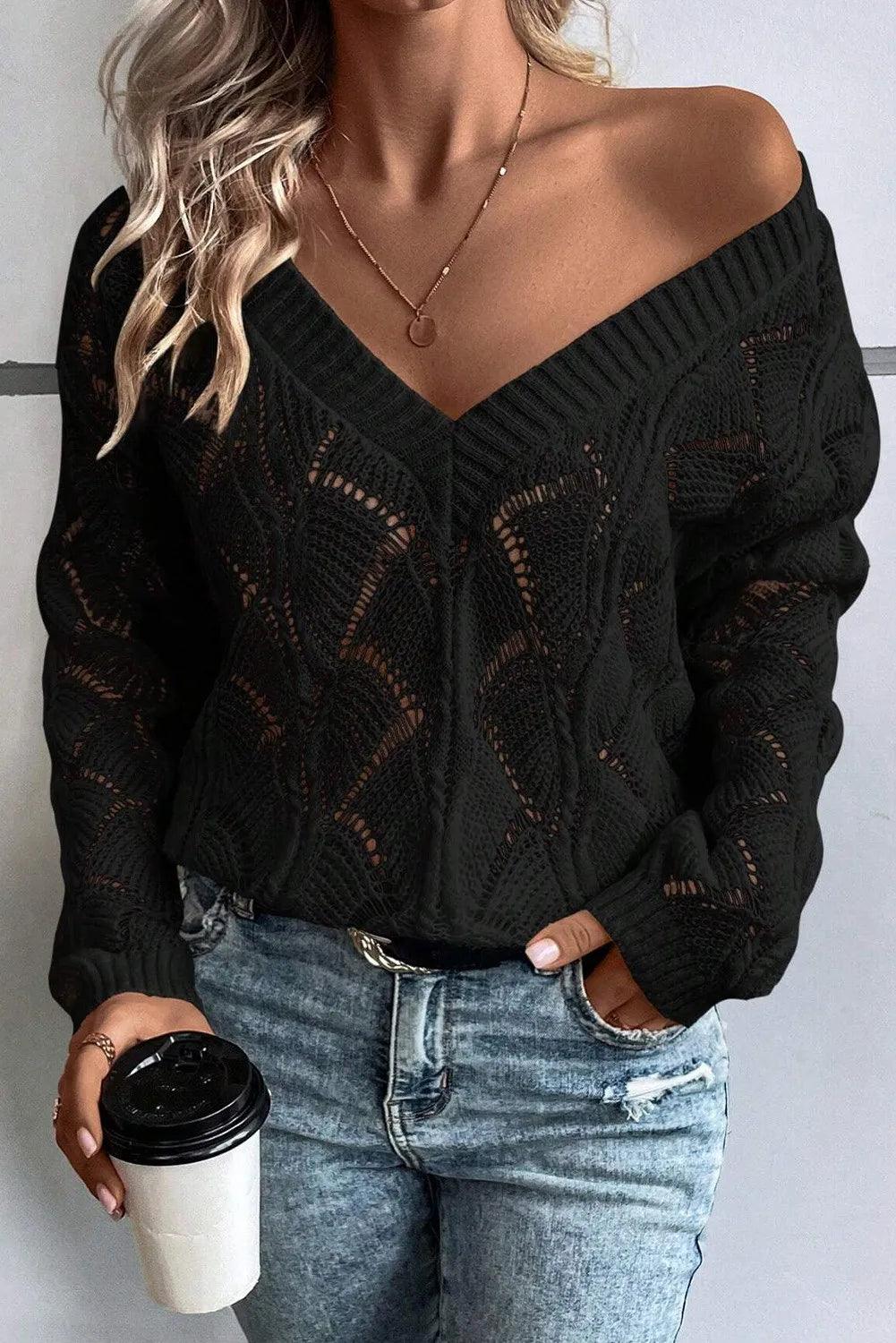 Openwork V-Neck Long Sleeve Sweater - Bona Fide Fashion