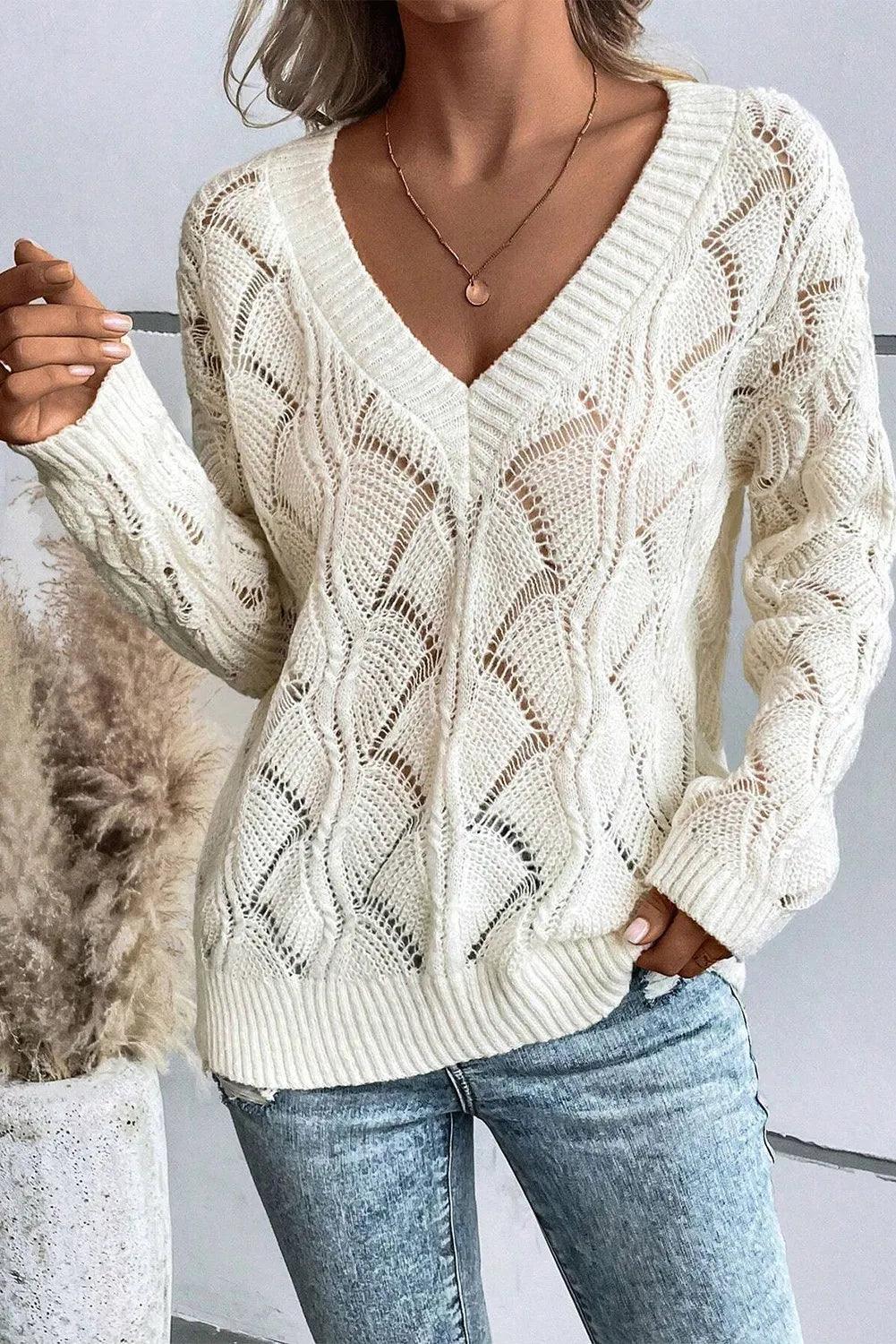 Openwork V-Neck Long Sleeve Sweater - Bona Fide Fashion